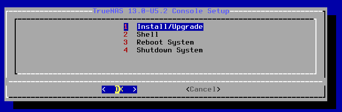 TrueNAS Core Install Screen 1, Install/Shell/Reboot/Shutdown prompt