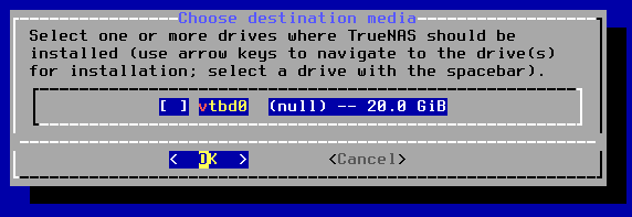 TrueNAS Core Install Screen 2, Choose installation disk prompt