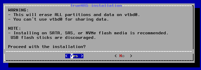 TrueNAS Core Install Screen 3, Confirm overwrite disk prompt