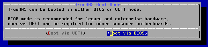 TrueNAS Core Install Screen 5, Boot mode UEFI or BIOS prompt